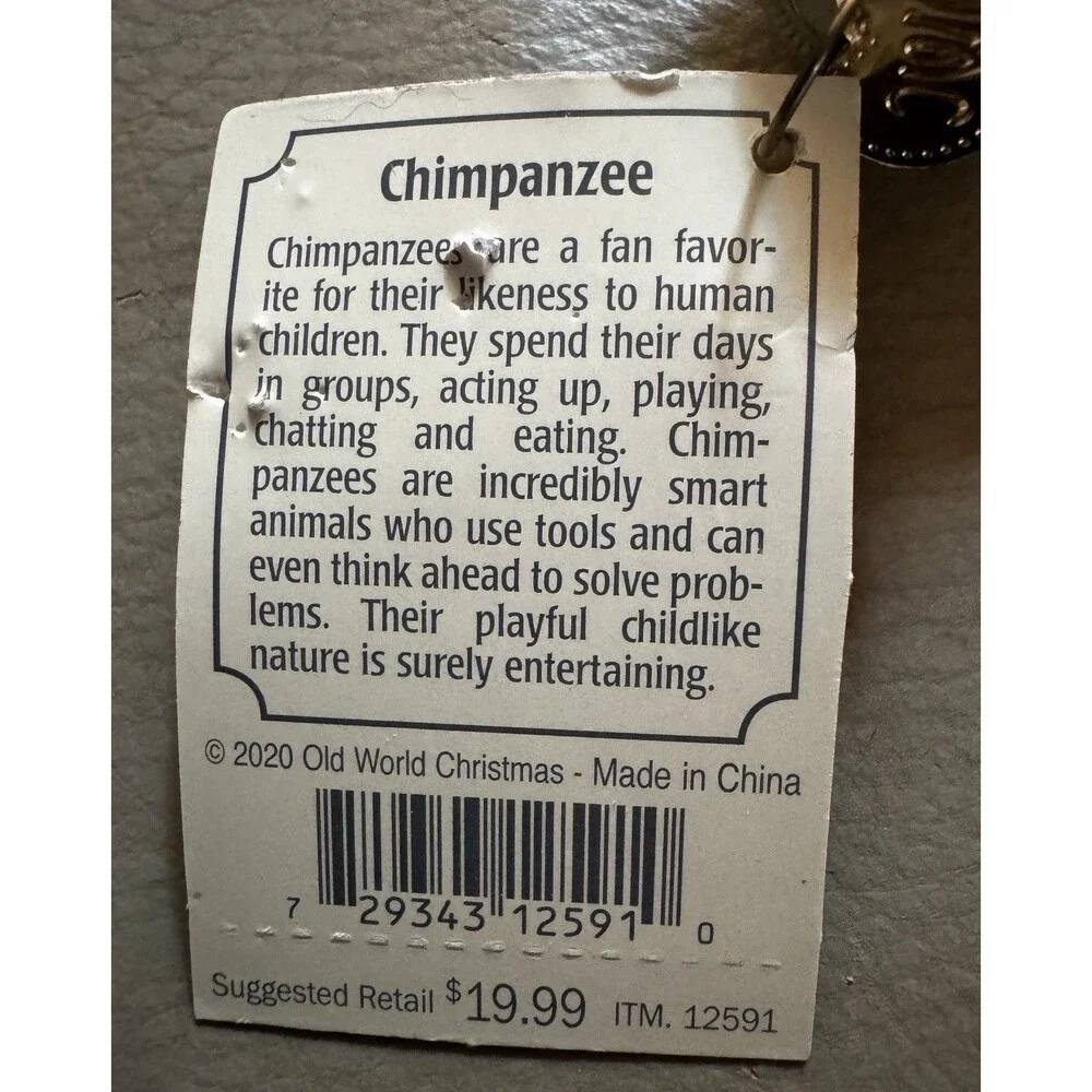 OLD WORLD CHRISTMAS CHIMPANZEE CHIMP GLASS CHRISTMAS ORNAMENT 12591 w/Tags NOS